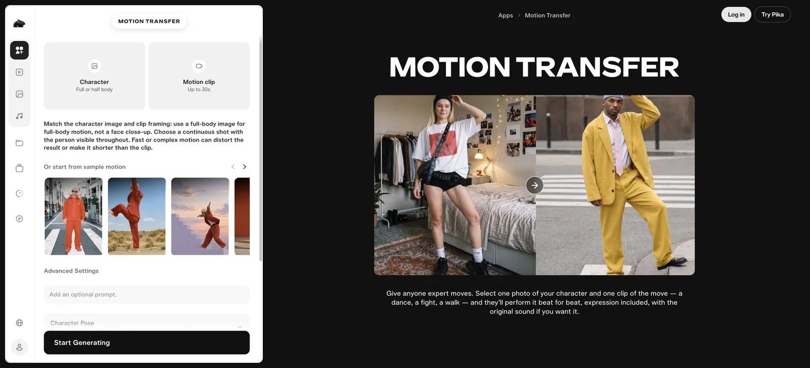 Pika Motion Transfer app showing character and movement inputs