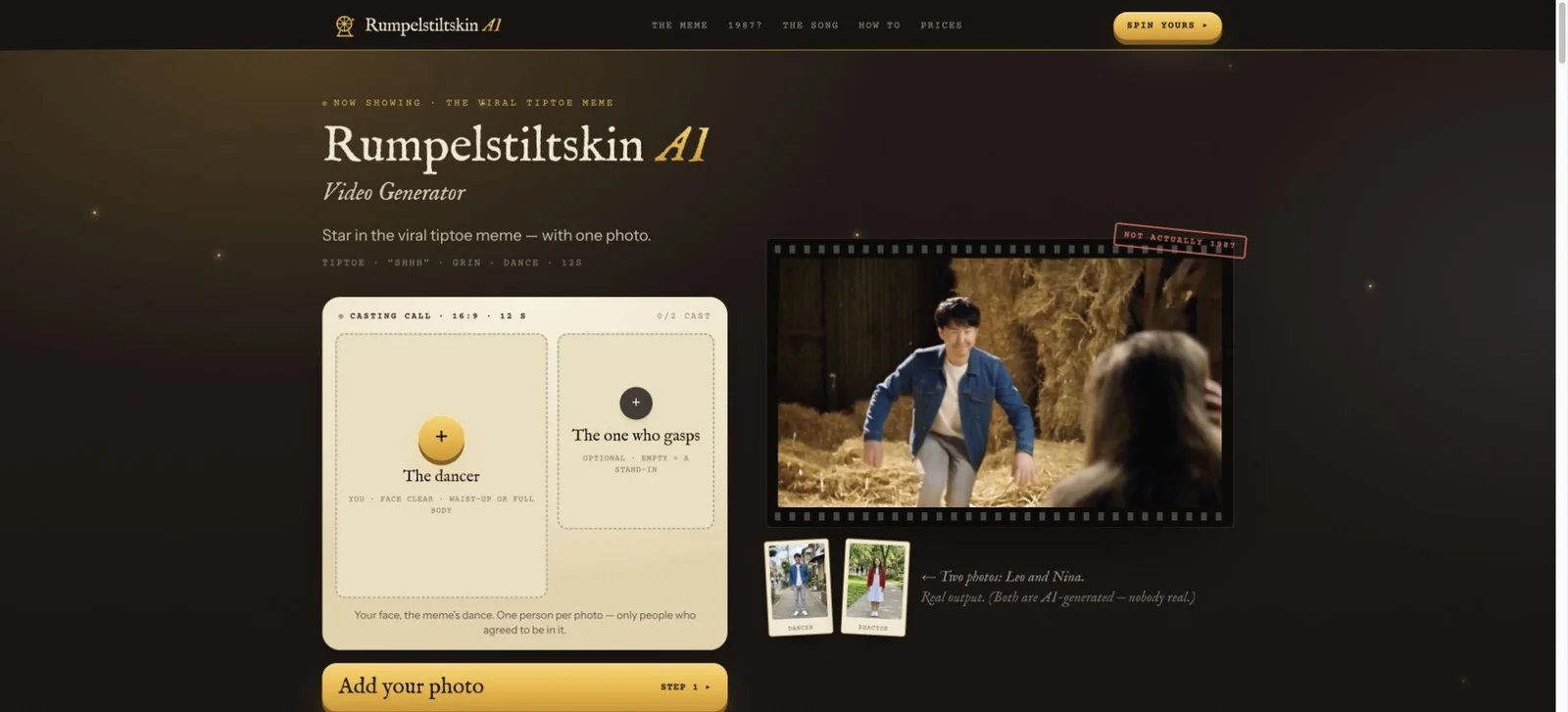 Rumpelstiltskin AI interface showing the dancer and optional reactor photo slots