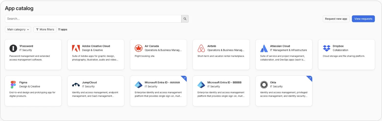1Password SaaS Manager App catalog showing approved applications and access-request entry points