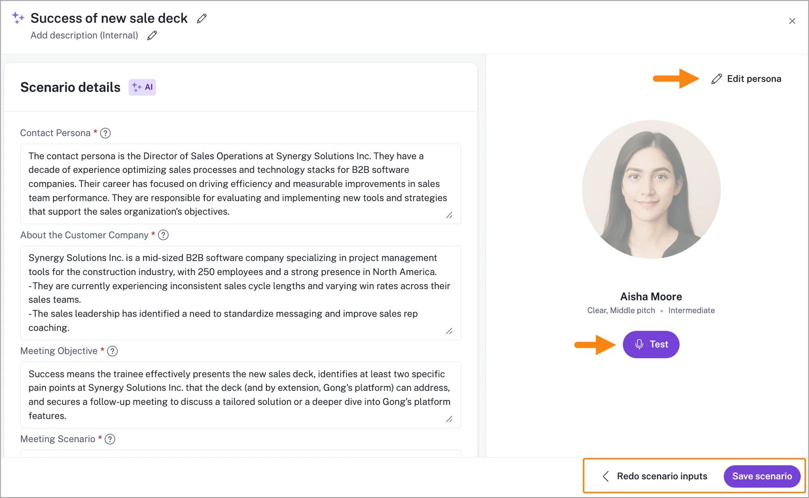 Gong AI Trainer's published scenario editor with buyer context, meeting objective, Edit persona and Test controls