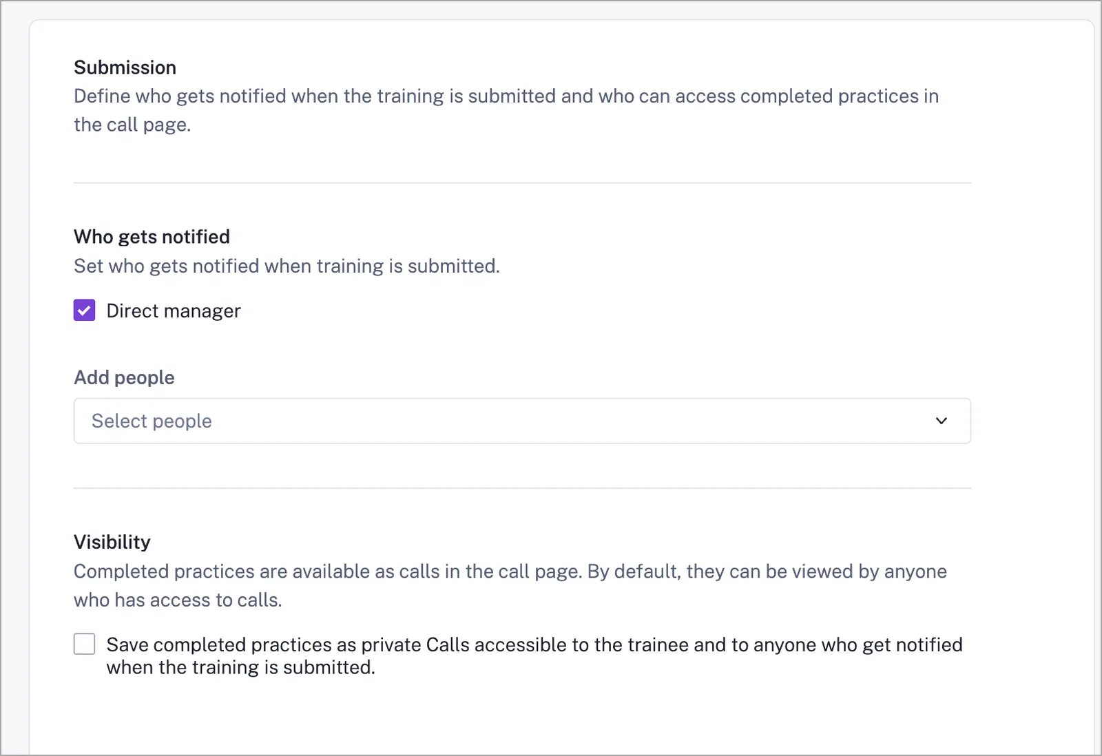 Gong AI Trainer submission settings showing notification recipients and the private-call visibility checkbox