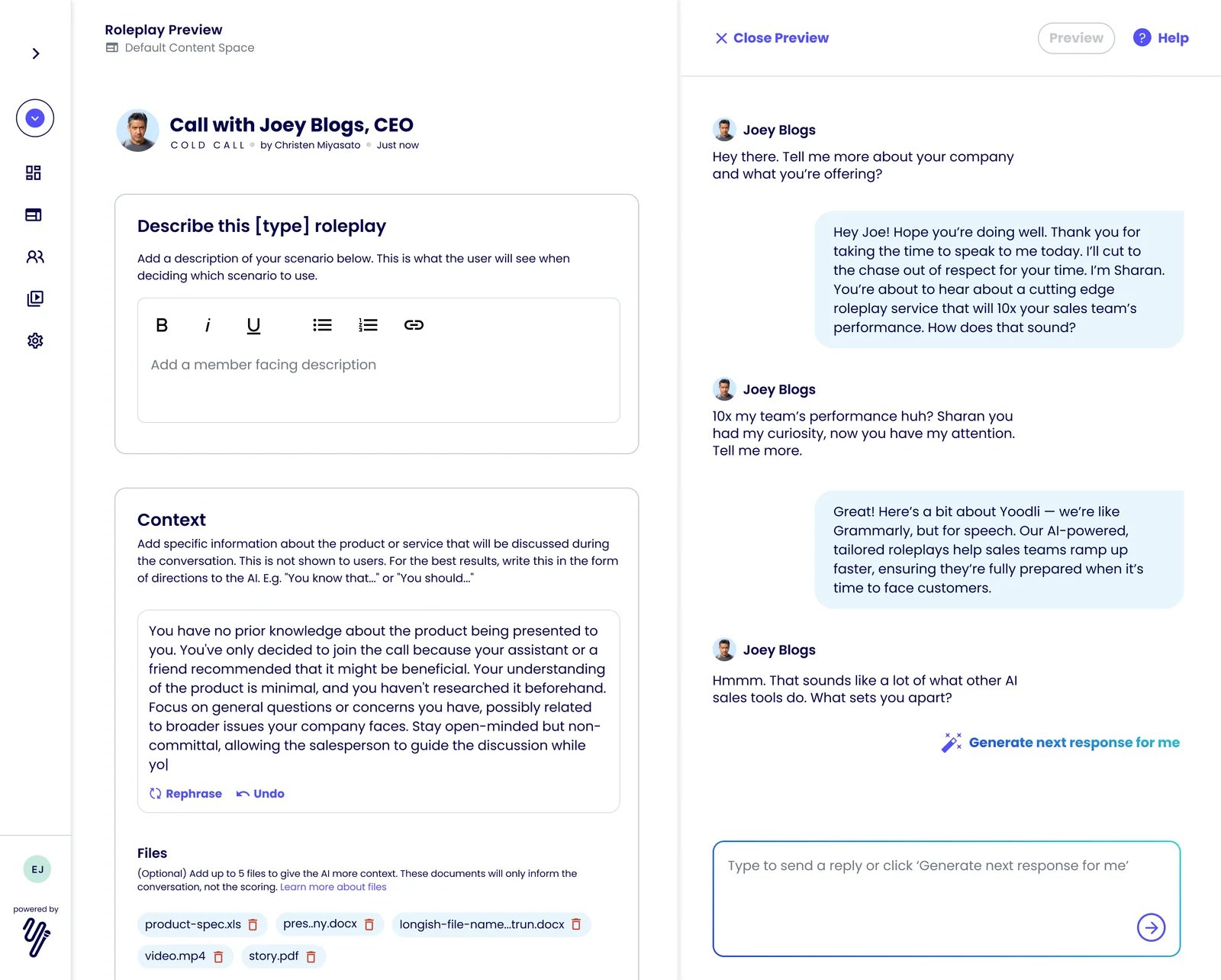 Yoodli's published Builder interface showing scenario context beside a text conversation preview