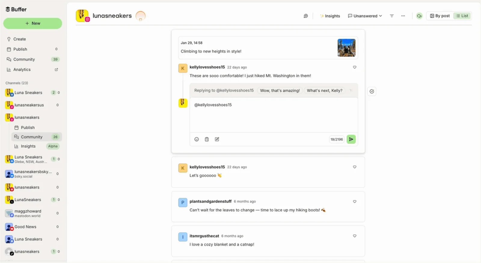 Buffer Community interface showing public social comments in a unified reply workspace