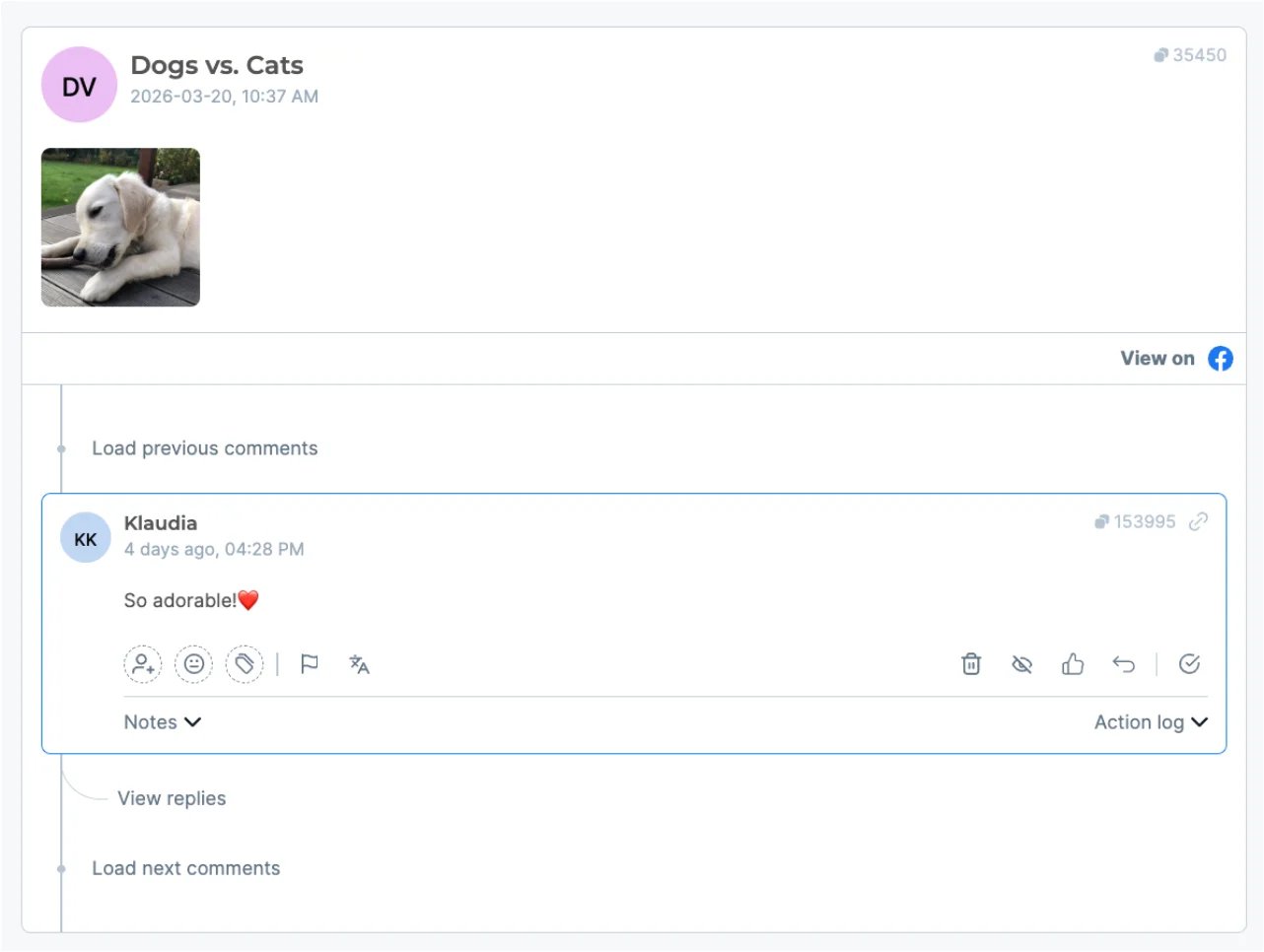 NapoleonCat Social Inbox ticket view with assignment, sentiment, tags, and response controls