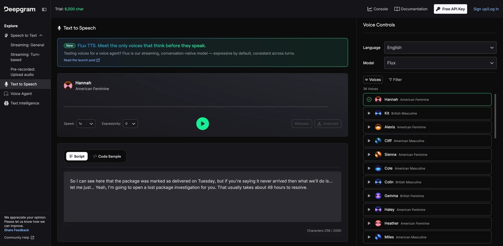 Deepgram TTS Playground showing the synthesis script, voice models, and playback controls