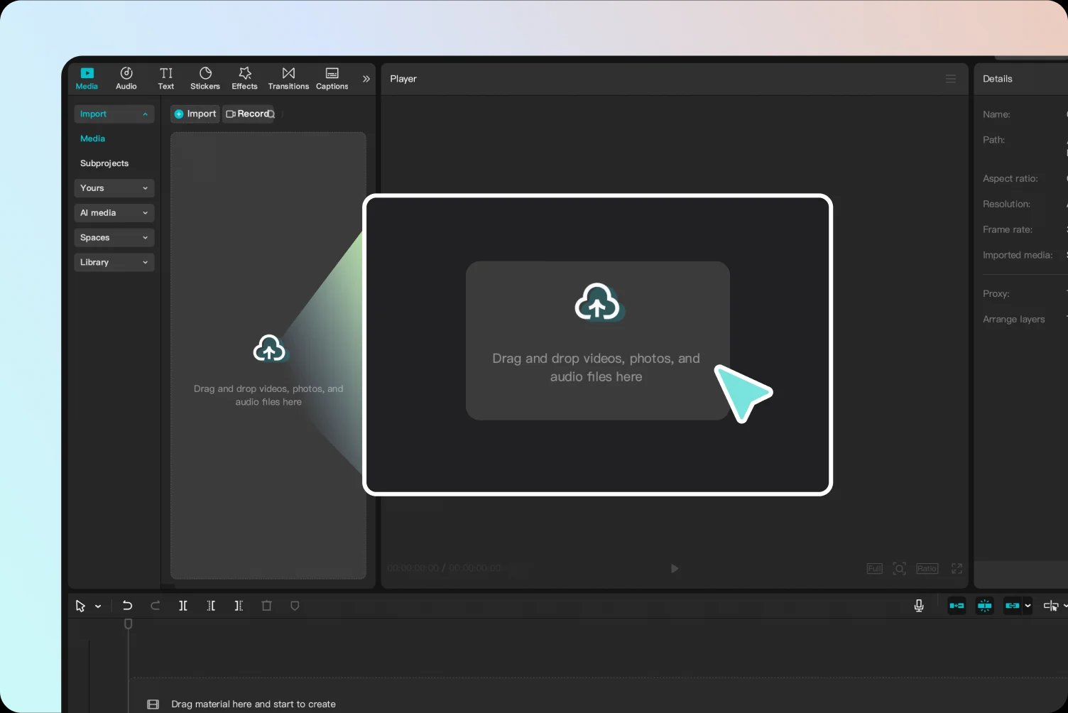CapCut's official workflow image showing video, photo and audio import beside its editing timeline.