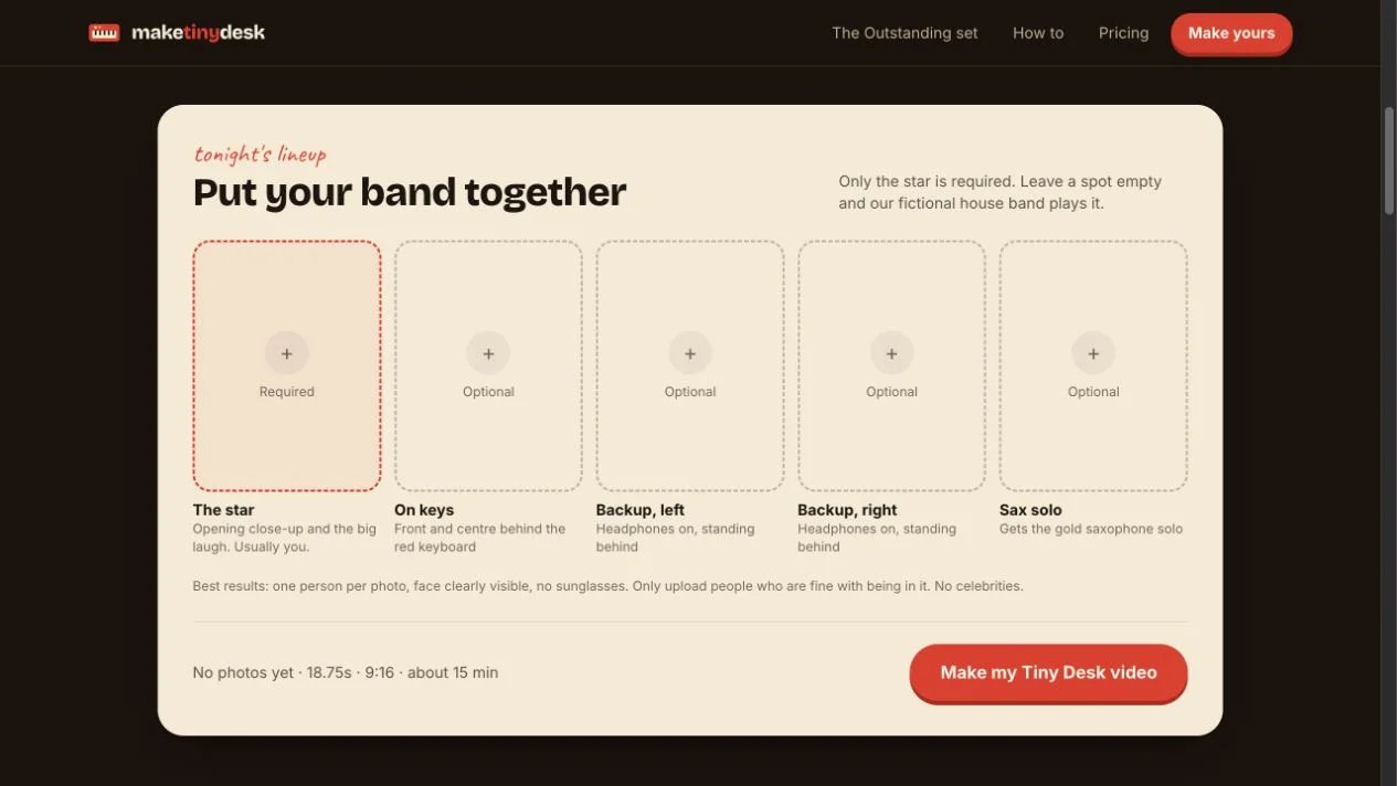 Make Tiny Desk's public creation form with separate star, keys, two backup and sax photo slots.