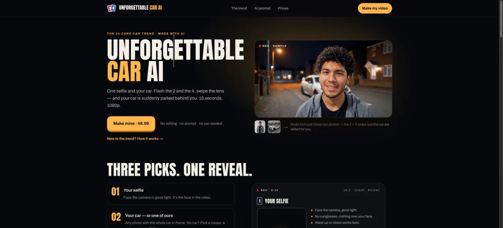 Unforgettable Car AI official website showing the selfie-and-car workflow and a provider demonstration