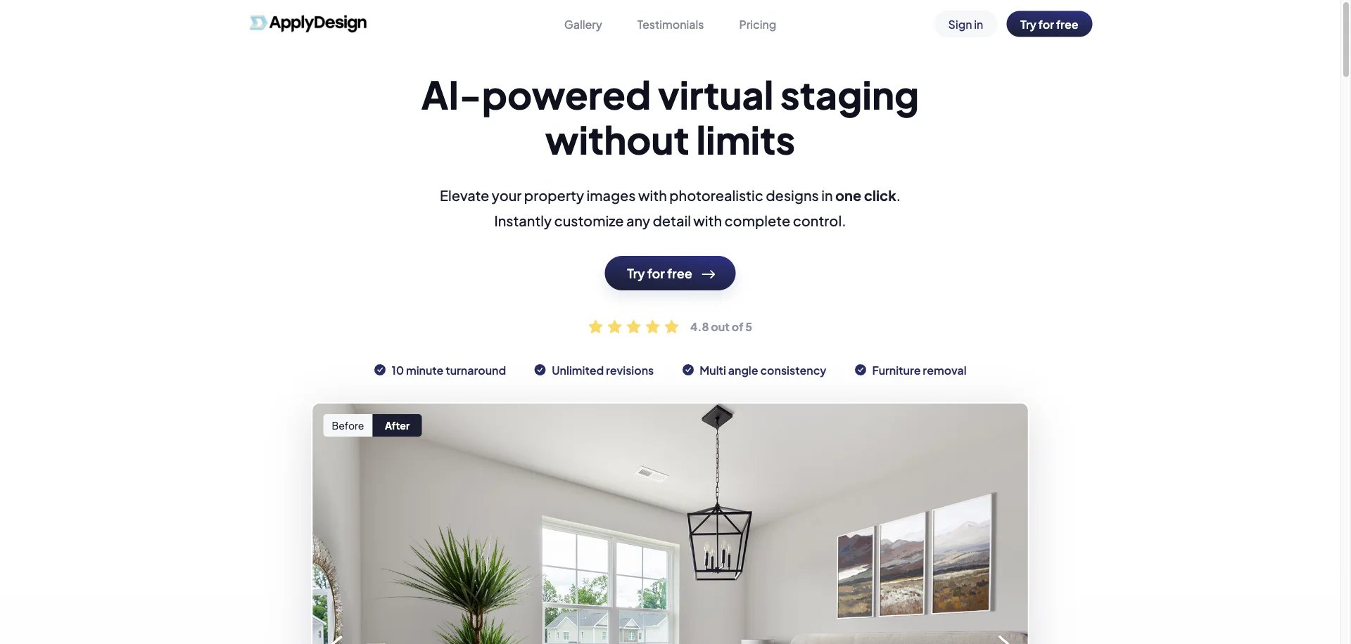 Apply Design interface showing virtual staging features
