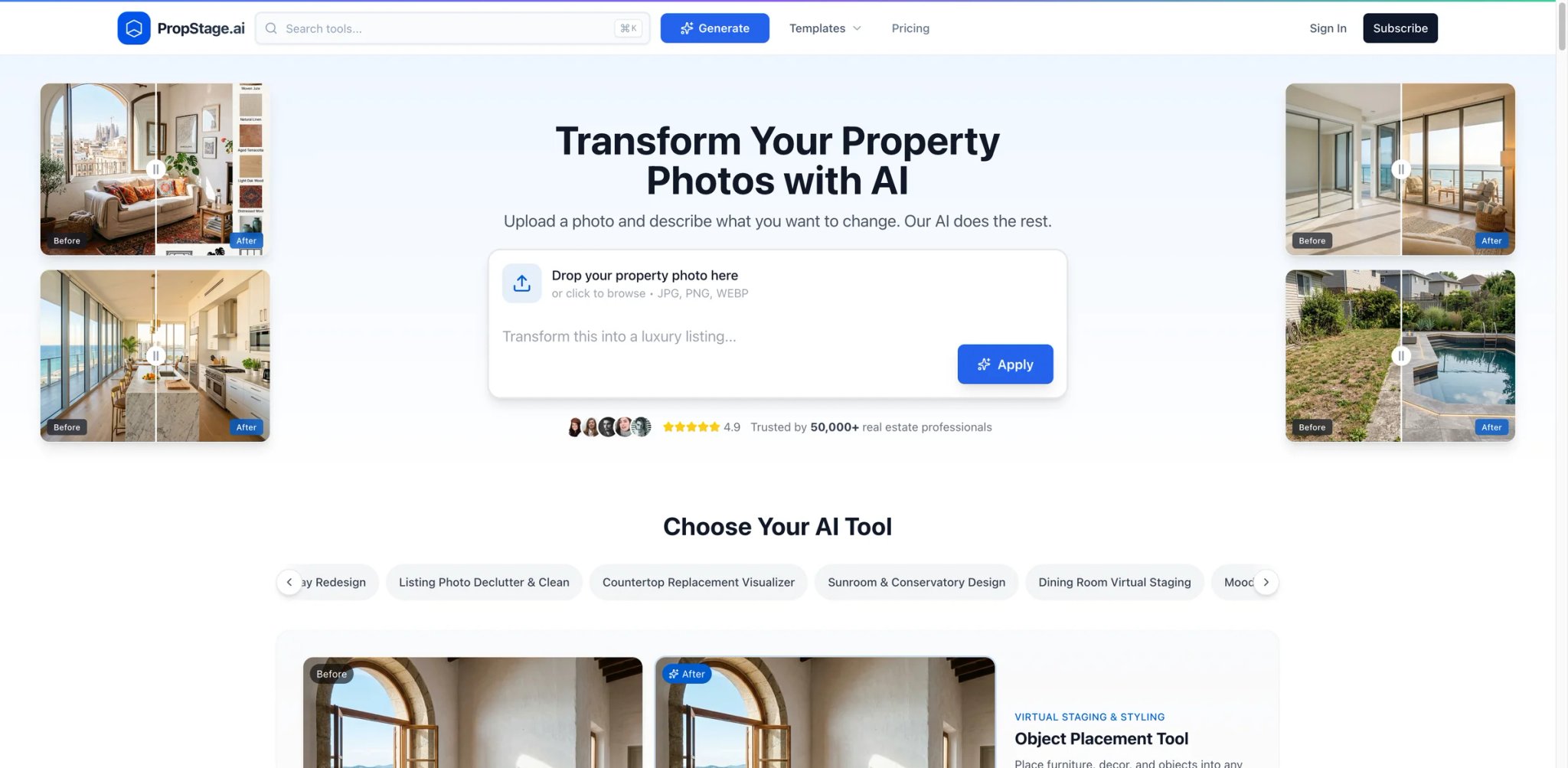 PropStage.ai interface showing virtual staging features