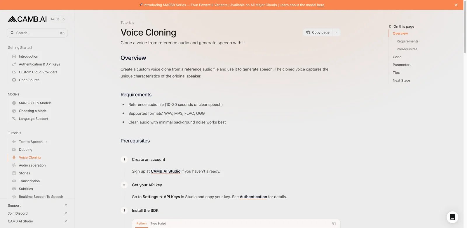 Camb.ai interface showing voice cloning documentation and localization workflow