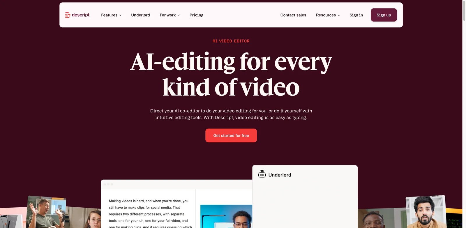 Descript interface showing transcript-based editing and AI voice cloning