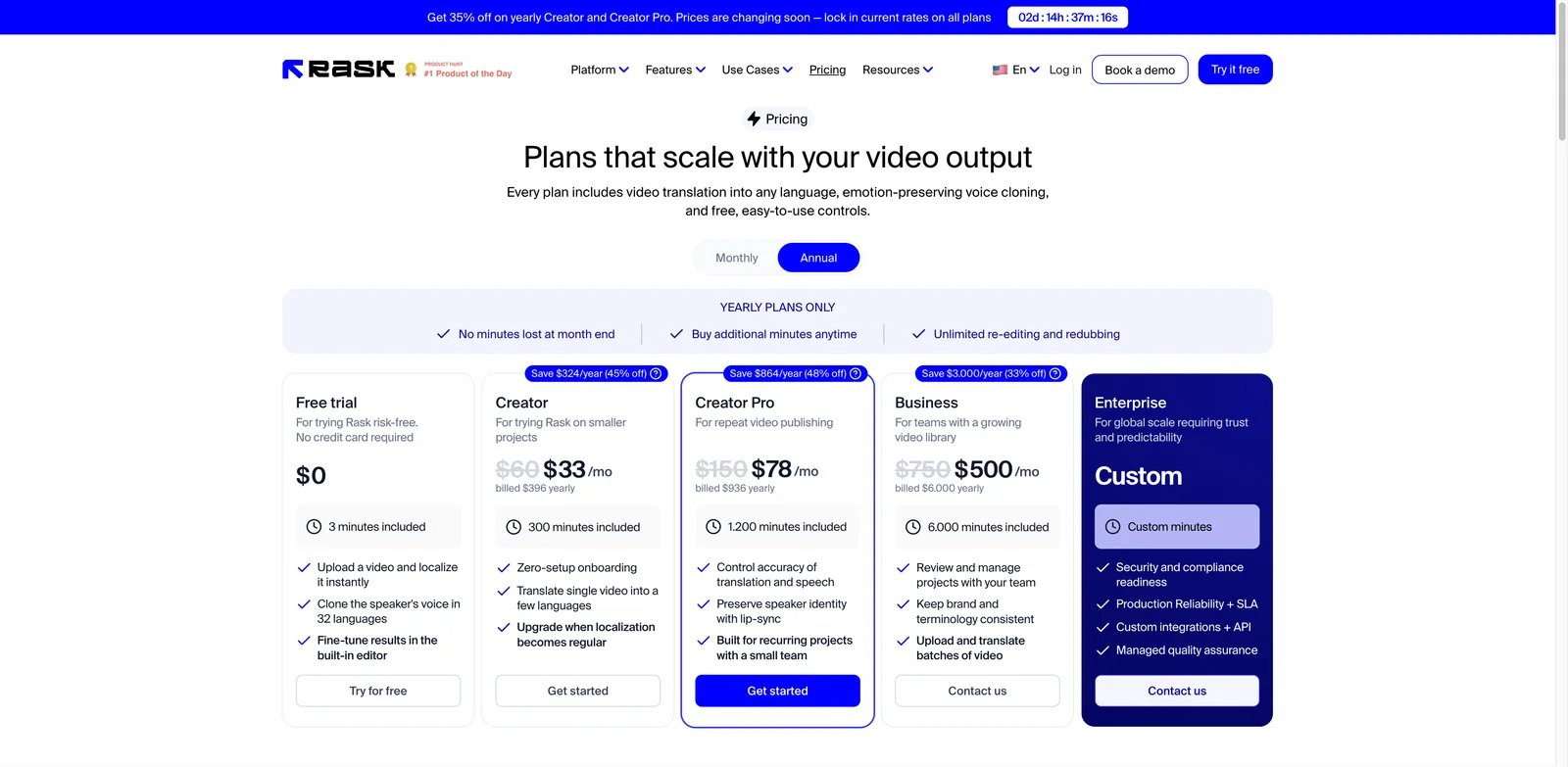 Rask AI interface showing video localization and custom voice clone controls