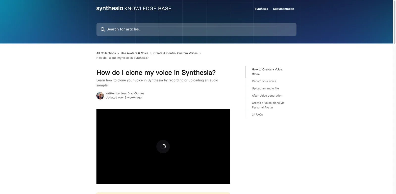 Synthesia interface showing custom voice use inside avatar video creation