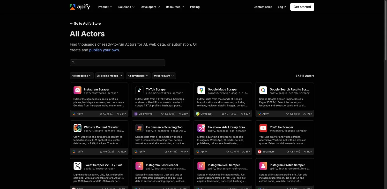 Apify Store interface for browsing reusable scraping Actors