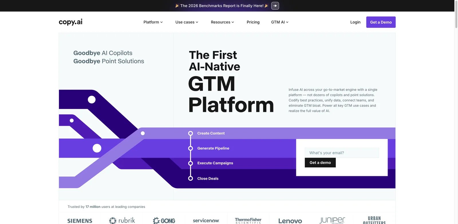 Copy.ai interface showing GTM workflows and AI content operations