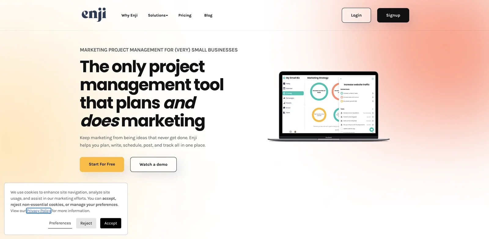 Enji interface showing marketing plan dashboard and social scheduler