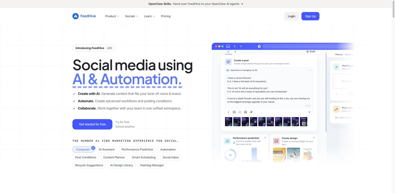 FeedHive interface showing social calendar analytics and automation