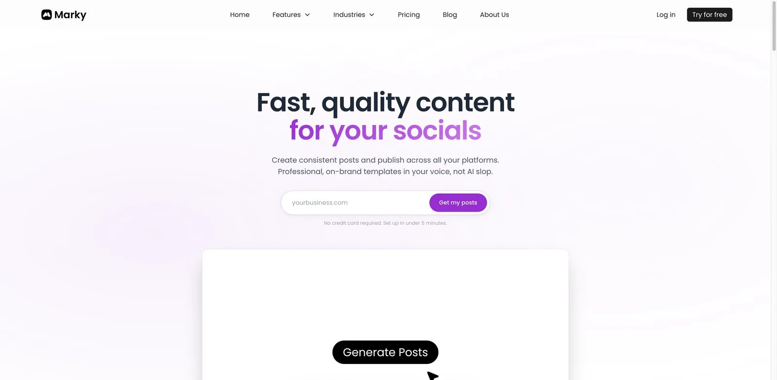 Marky interface showing AI social post generation and publishing controls