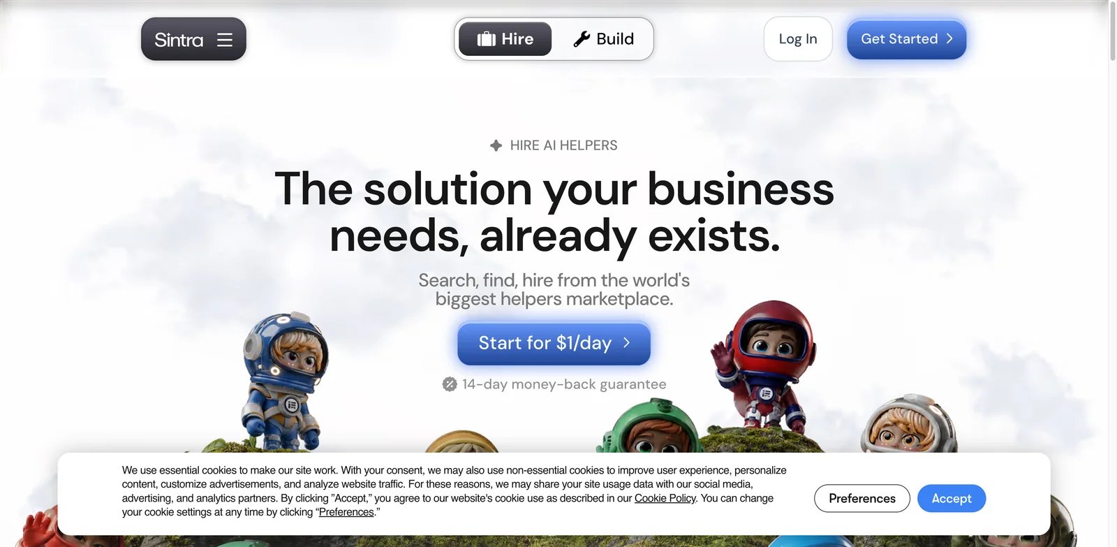 Sintra AI interface showing business helper marketplace and automation tools