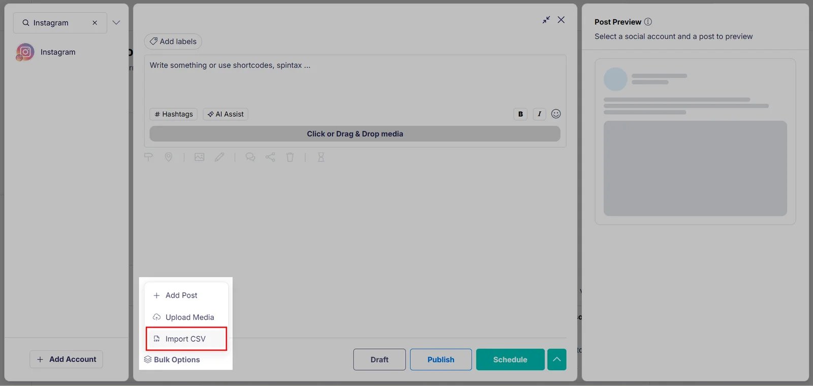 Publer documentation screenshot highlighting Import CSV in the Bulk Options menu
