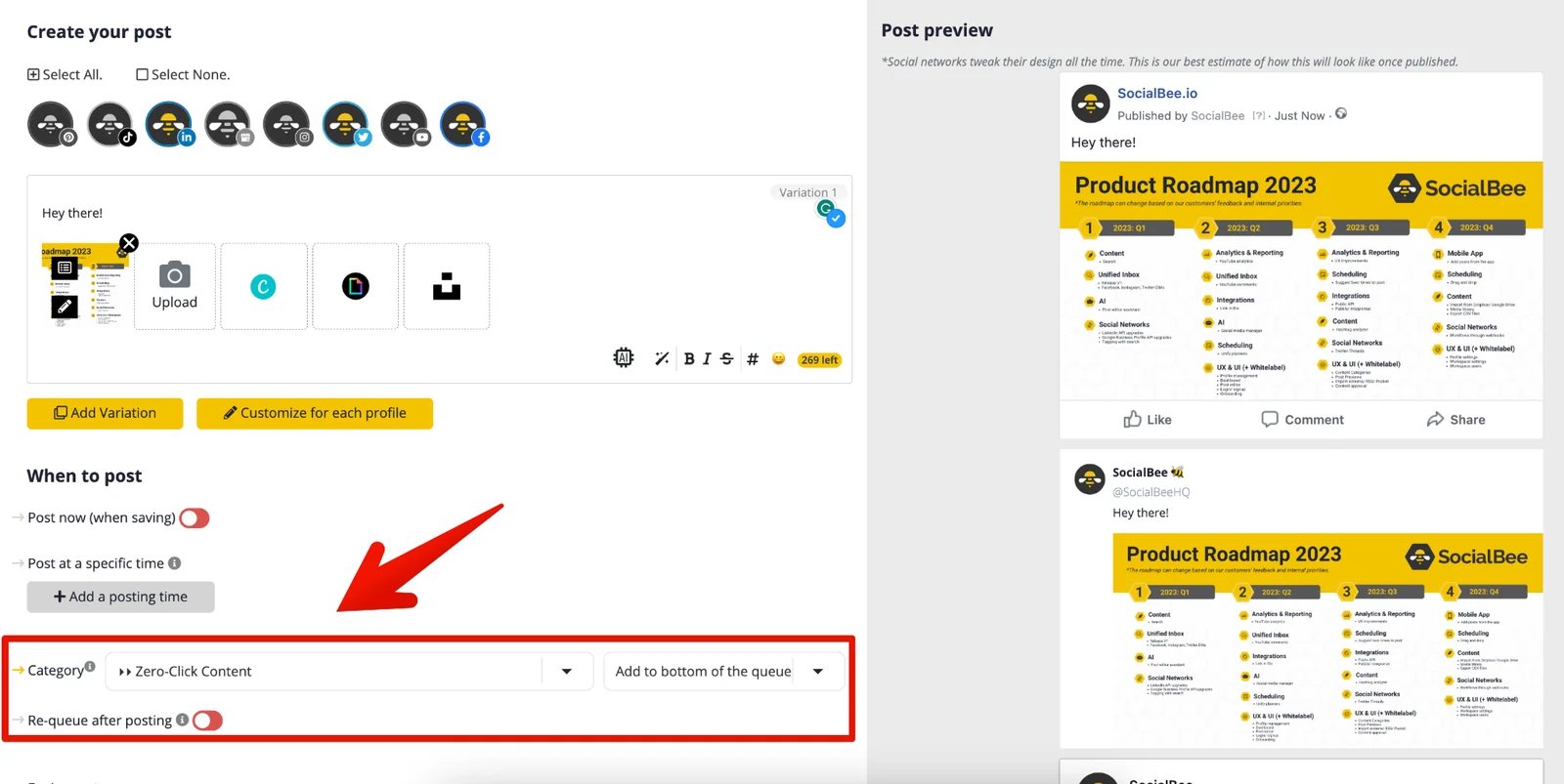 SocialBee help screenshot showing content category selection and the Re-queue after posting toggle