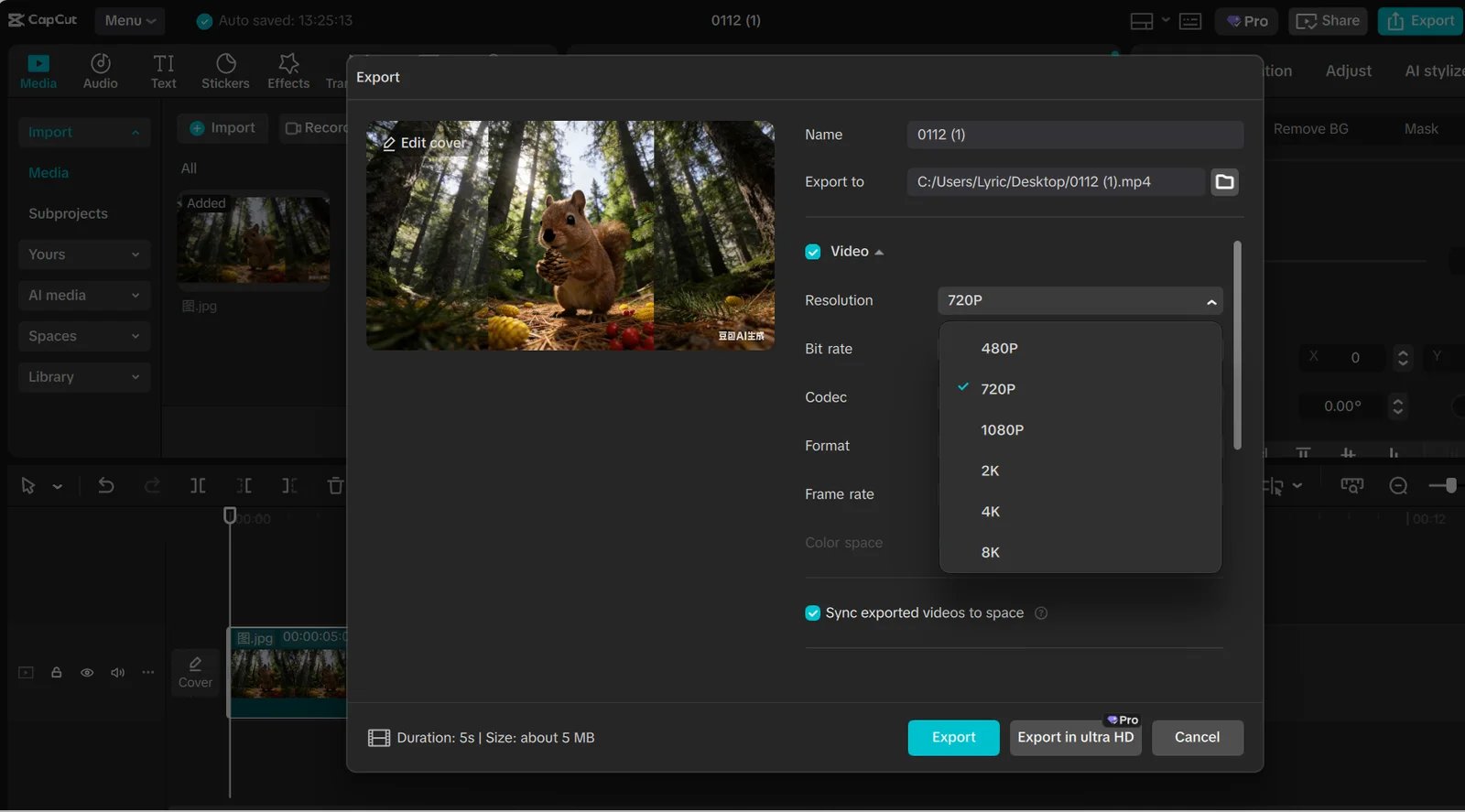 CapCut's official desktop export example shows resolution, frame rate and bitrate controls