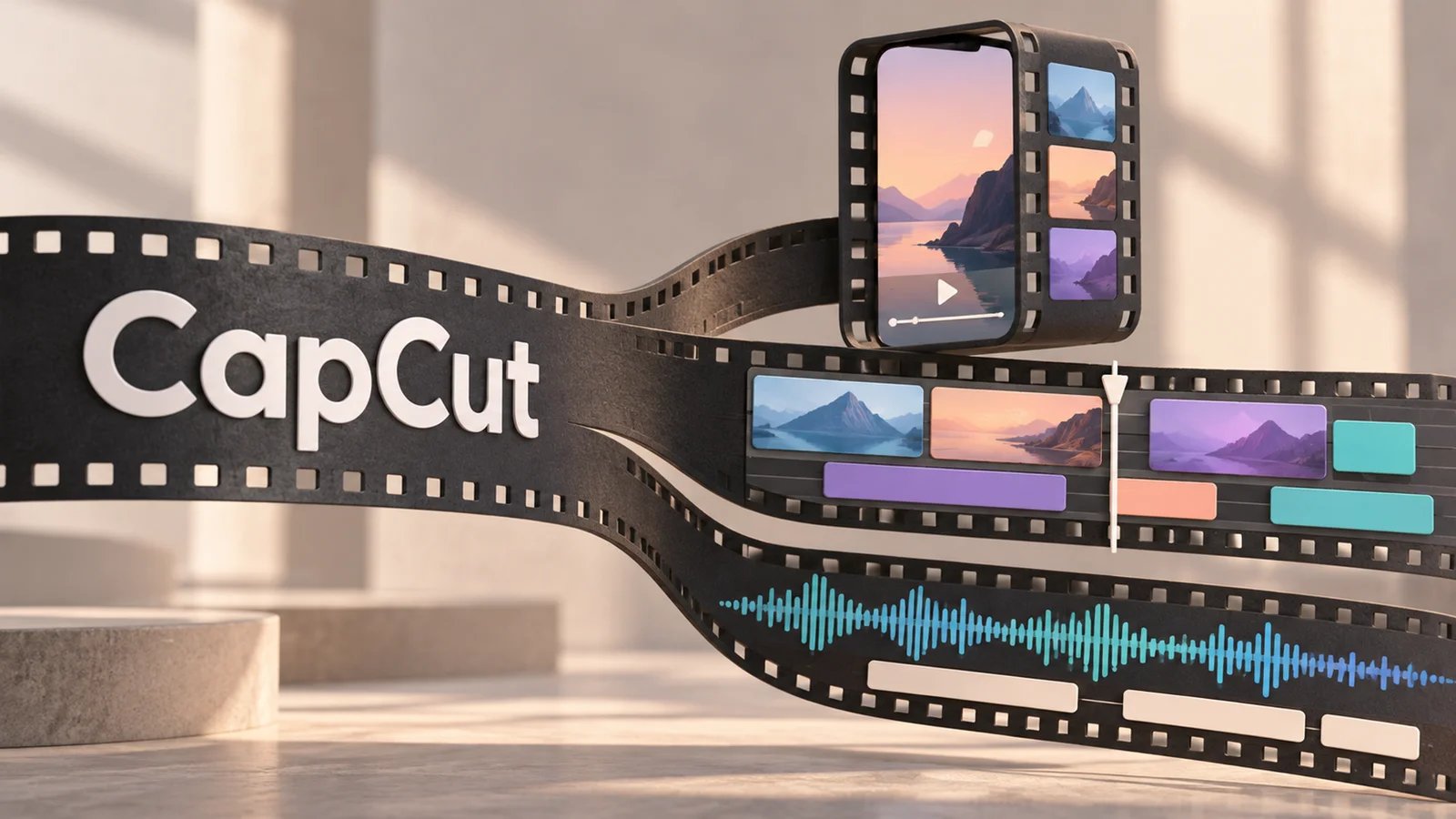 A CapCut film ribbon branches into phone video, a layered editing timeline and an audio waveform
