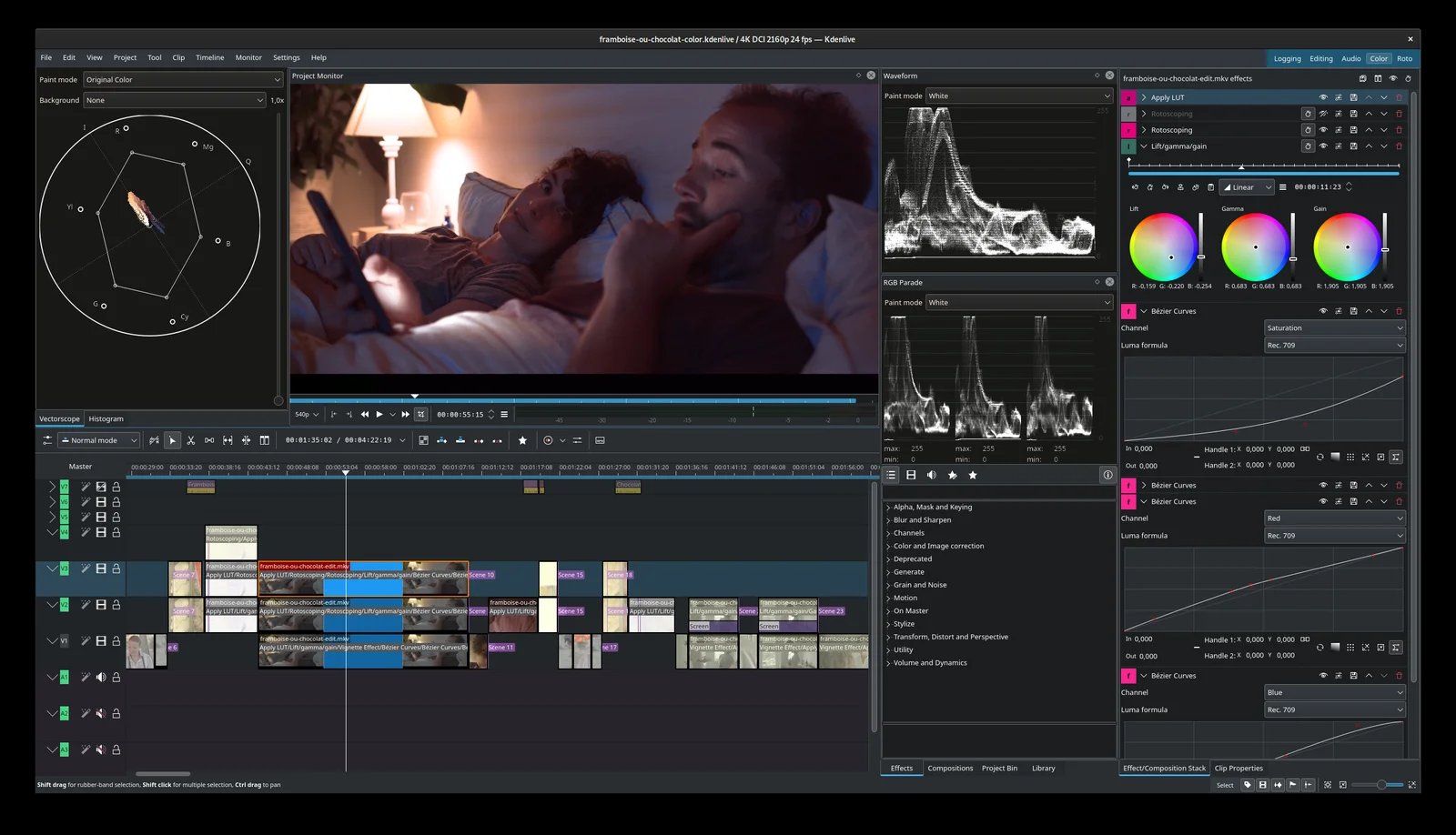 Official Kdenlive color workspace with a preview monitor, scopes and separate video and audio tracks