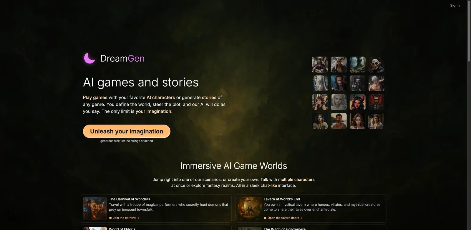 DreamGen interface showing long-form scene writing with multi-character story tools