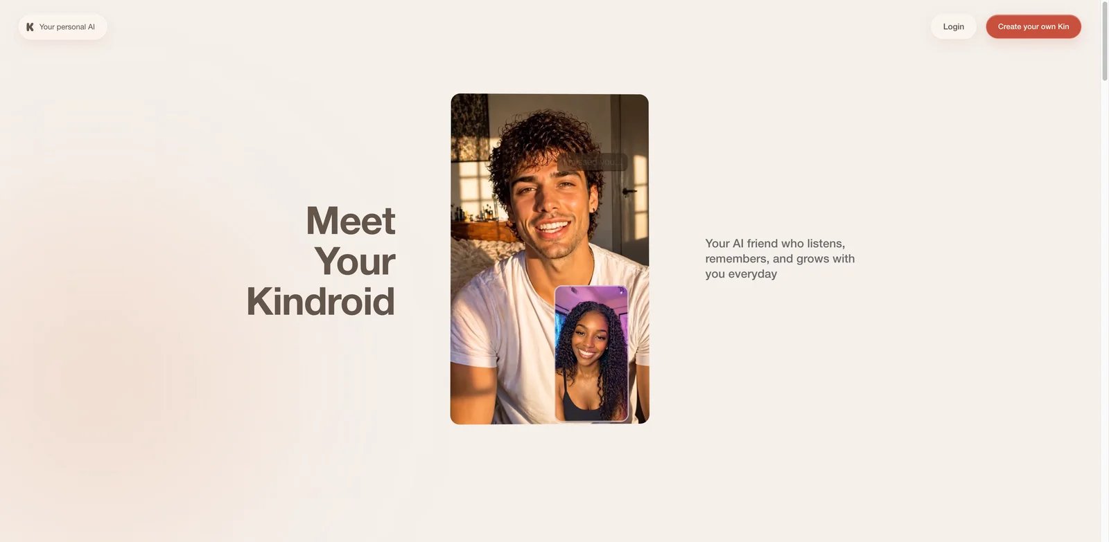 Kindroid interface showing long-term memory, voice, and image companion features
