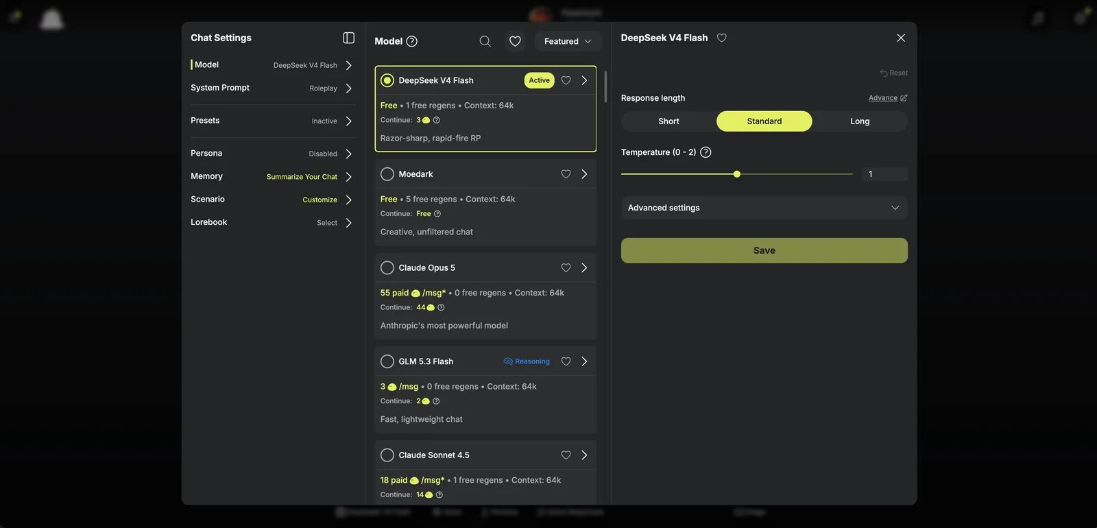 Moescape Chat Settings showing the Tavern model picker with per-message Mochi costs, free regeneration counts and 64k context limits