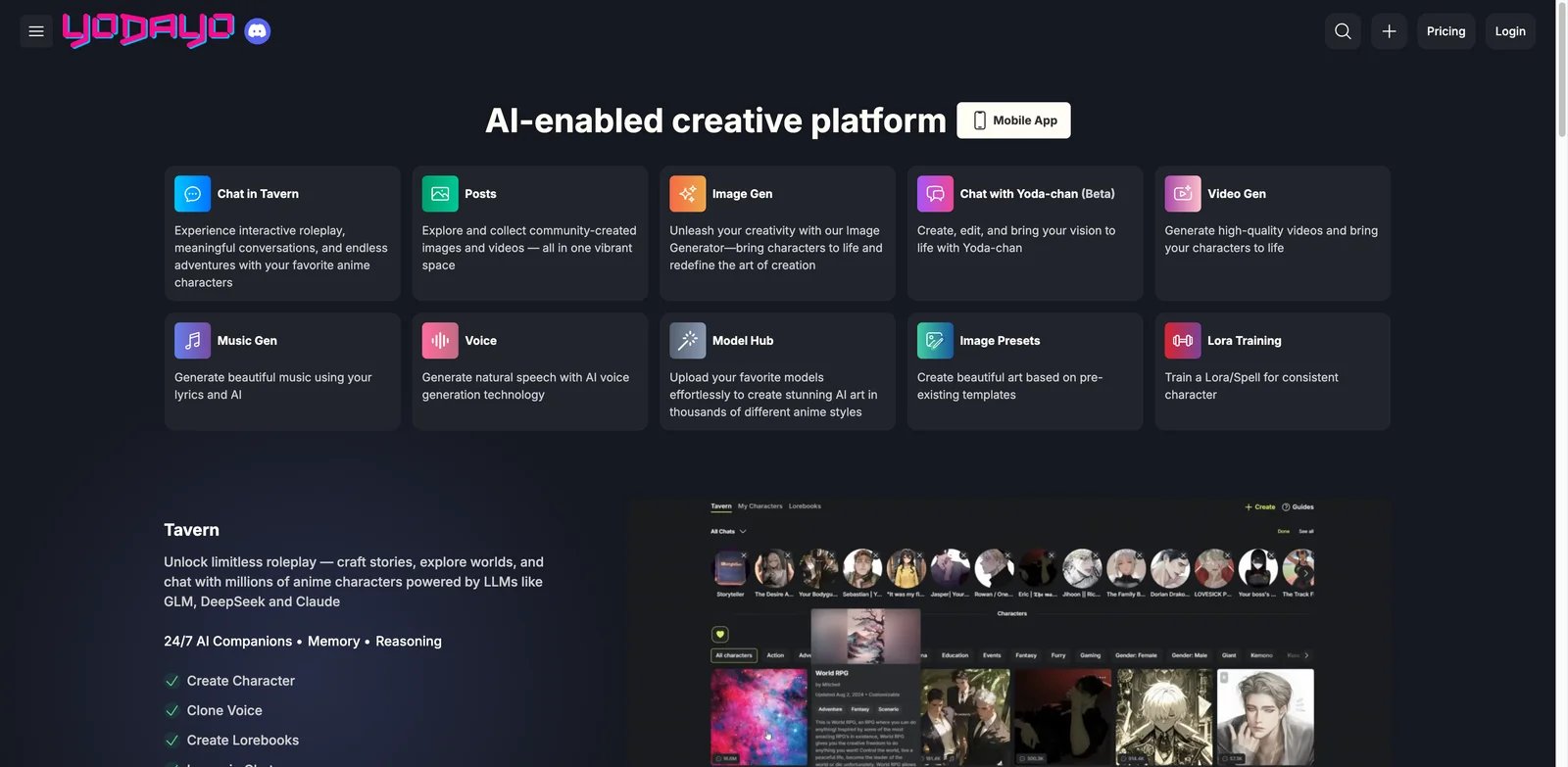 Yodayo interface showing Tavern character chat alongside anime art community feed