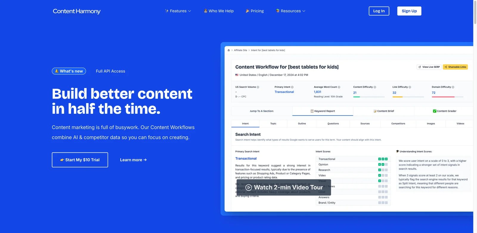 Content Harmony interface showing search intent analysis and content brief workflow