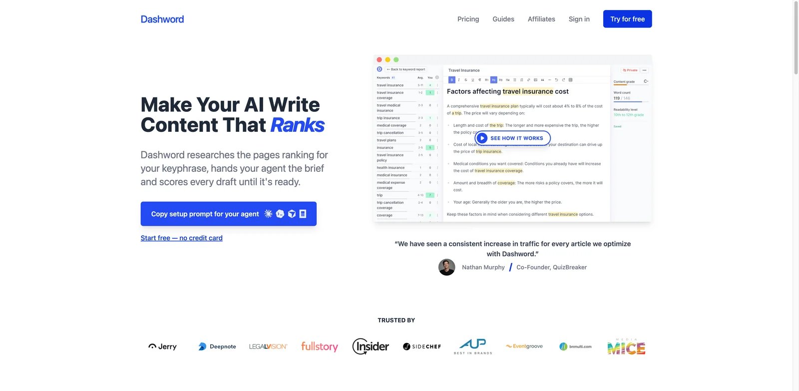 Dashword interface showing content brief and optimization report workflow