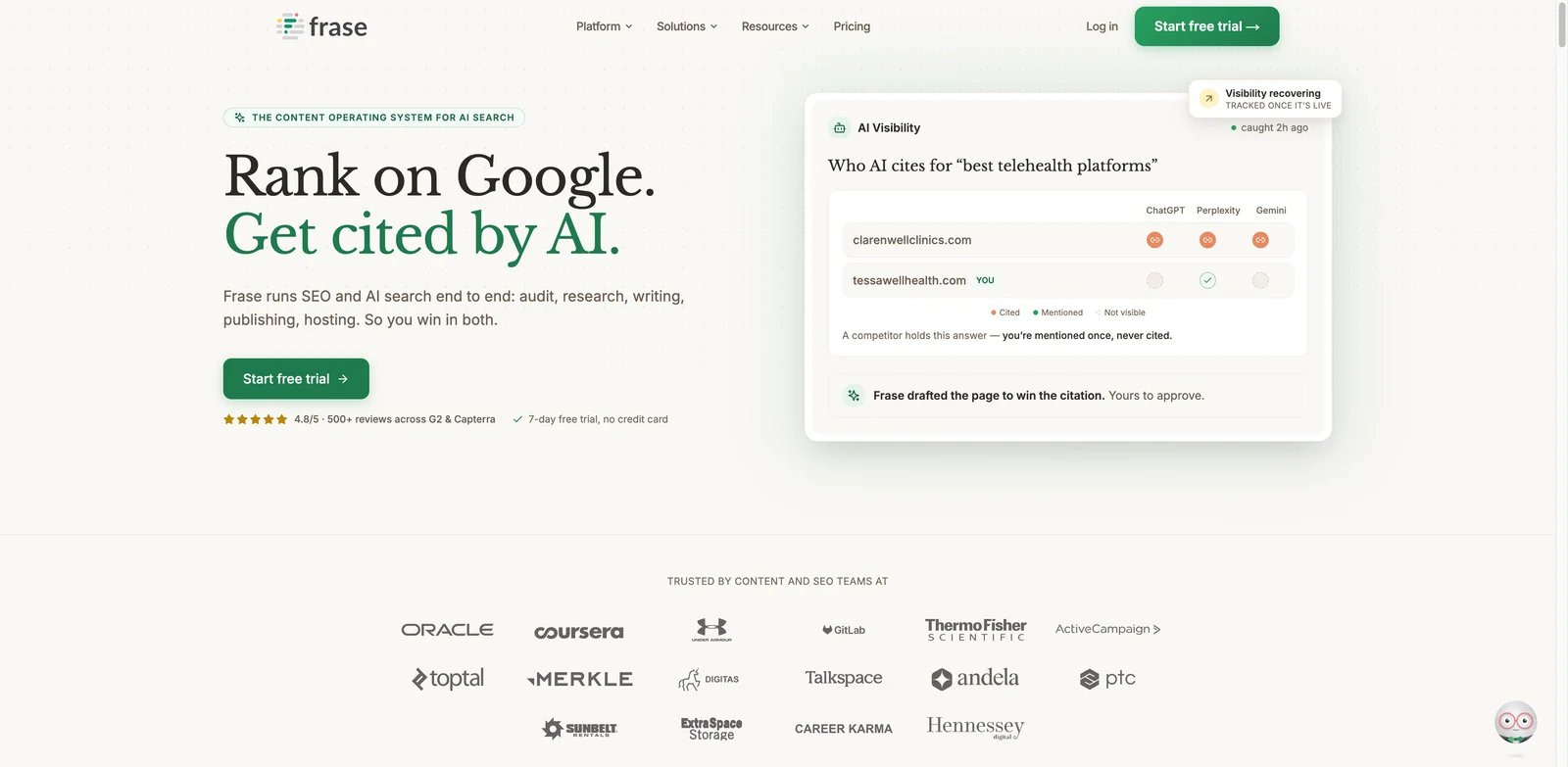 Frase interface showing SEO and GEO content workflow from research to publishing