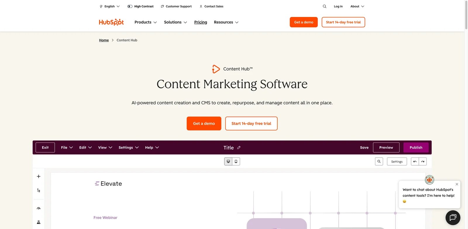 HubSpot Content Hub interface showing CMS, AEO, and marketing operations