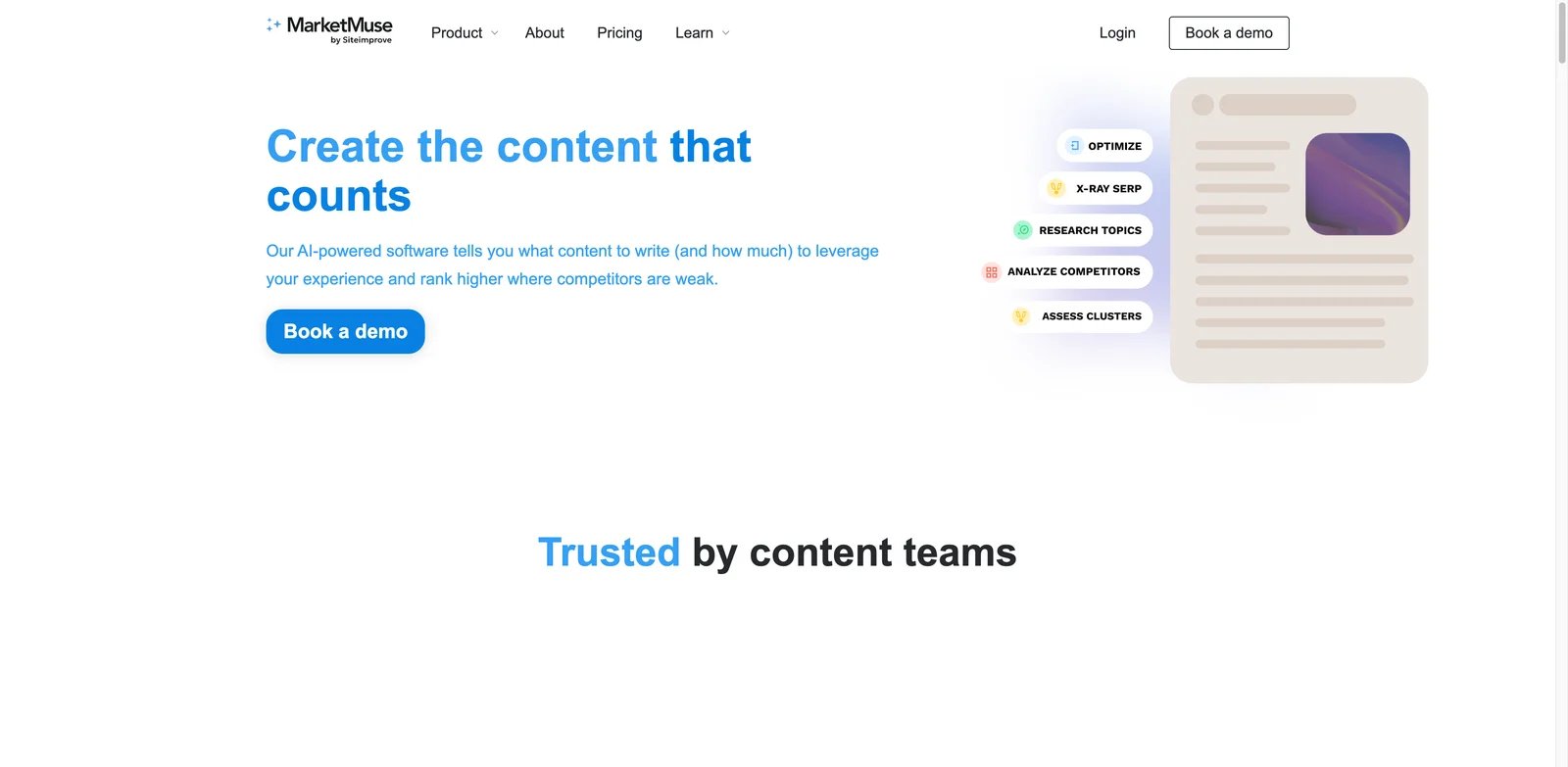 MarketMuse interface showing content inventory, topic modeling, and strategy workflows