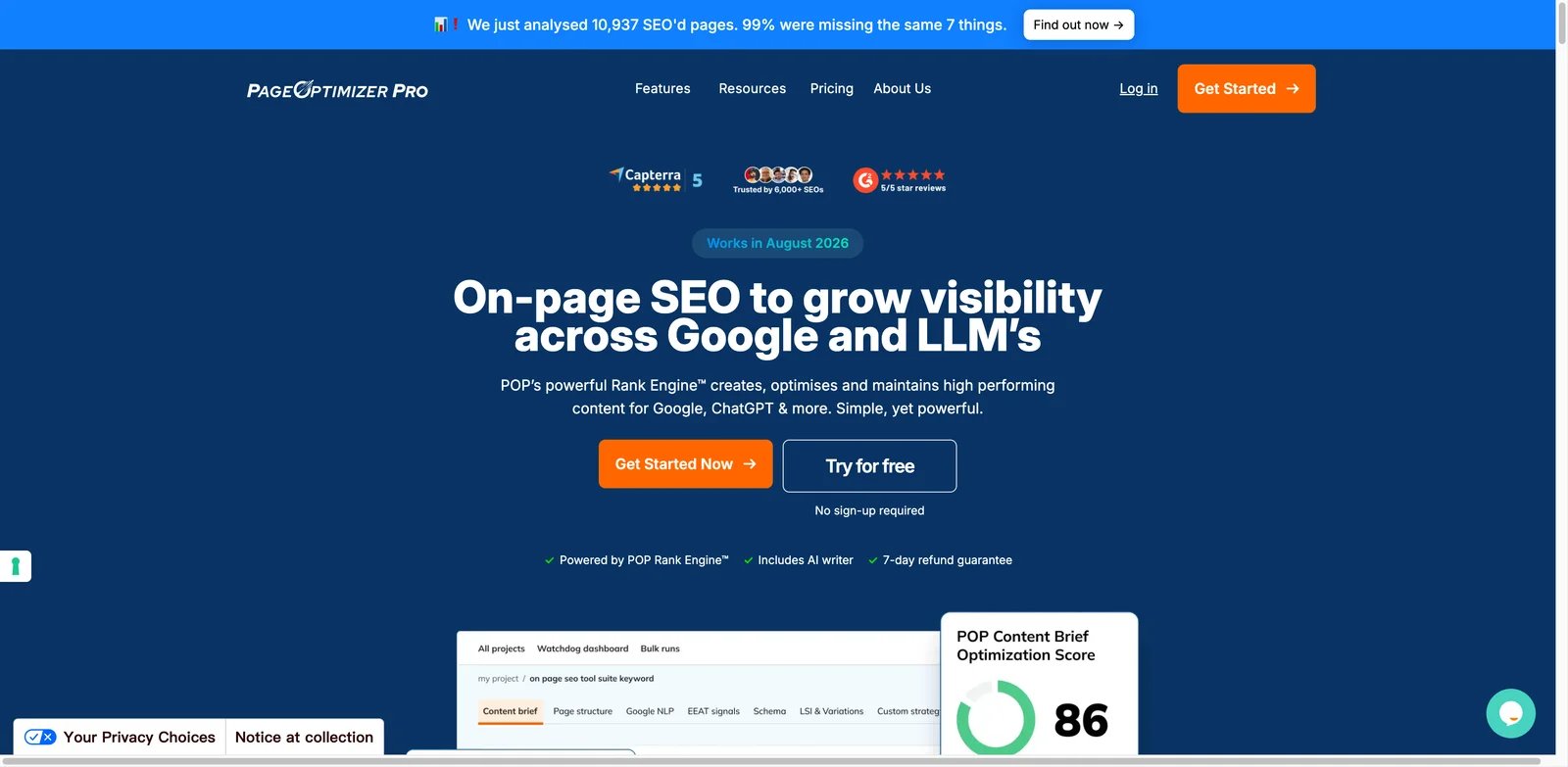 PageOptimizer Pro interface showing on-page optimization and AI visibility tracker workflow