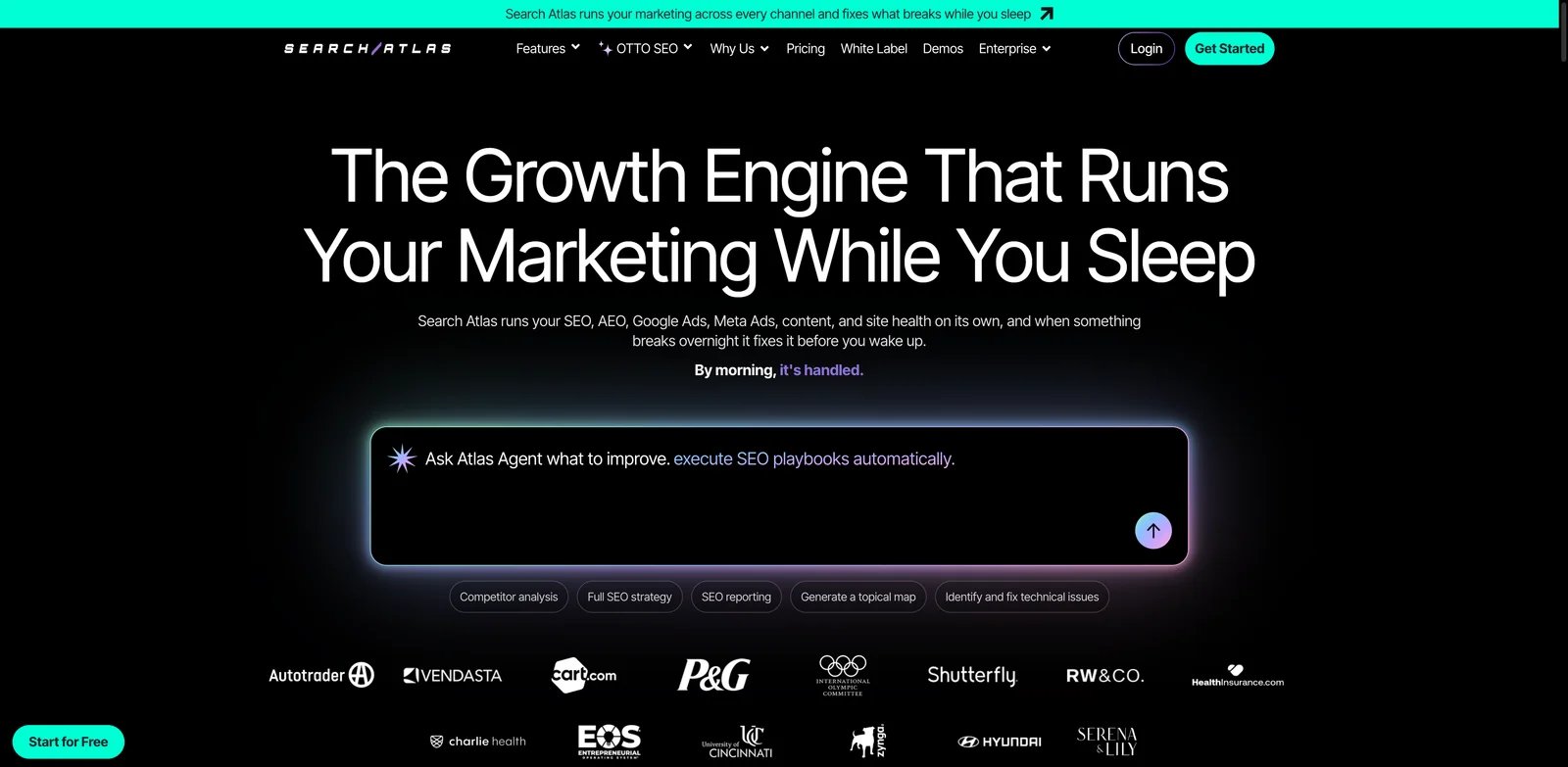 Search Atlas interface showing SEO automation, content optimization, and AI visibility tools
