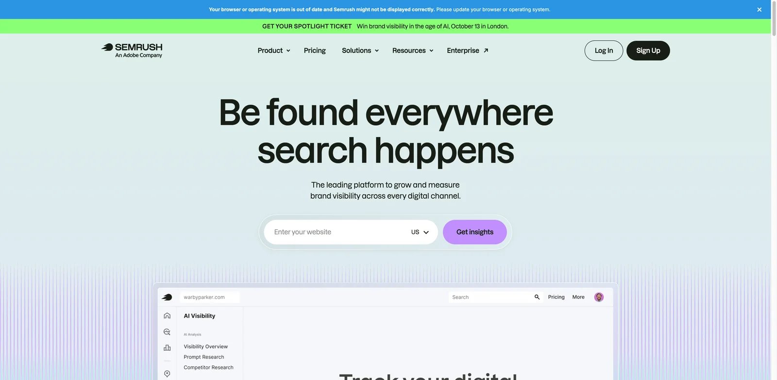 Semrush interface showing SEO suite and AI-search visibility workflows