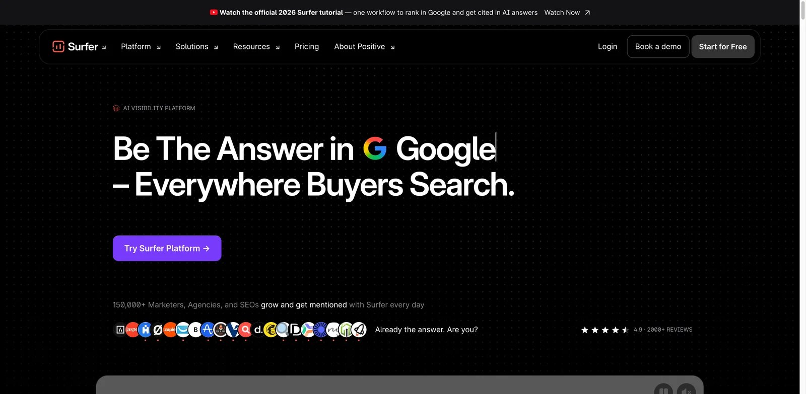 Surfer SEO interface showing content editor, audit, and AI visibility workflow