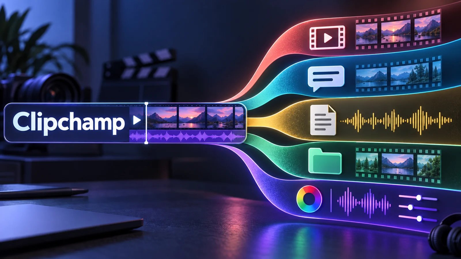 Clipchamp editing workflow branching toward mobile, browser, transcript, local, and professional video routes