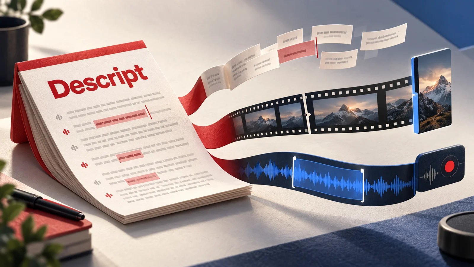 Descript transcript editing workflow branching toward recording, audio, video finishing, browser, and mobile routes