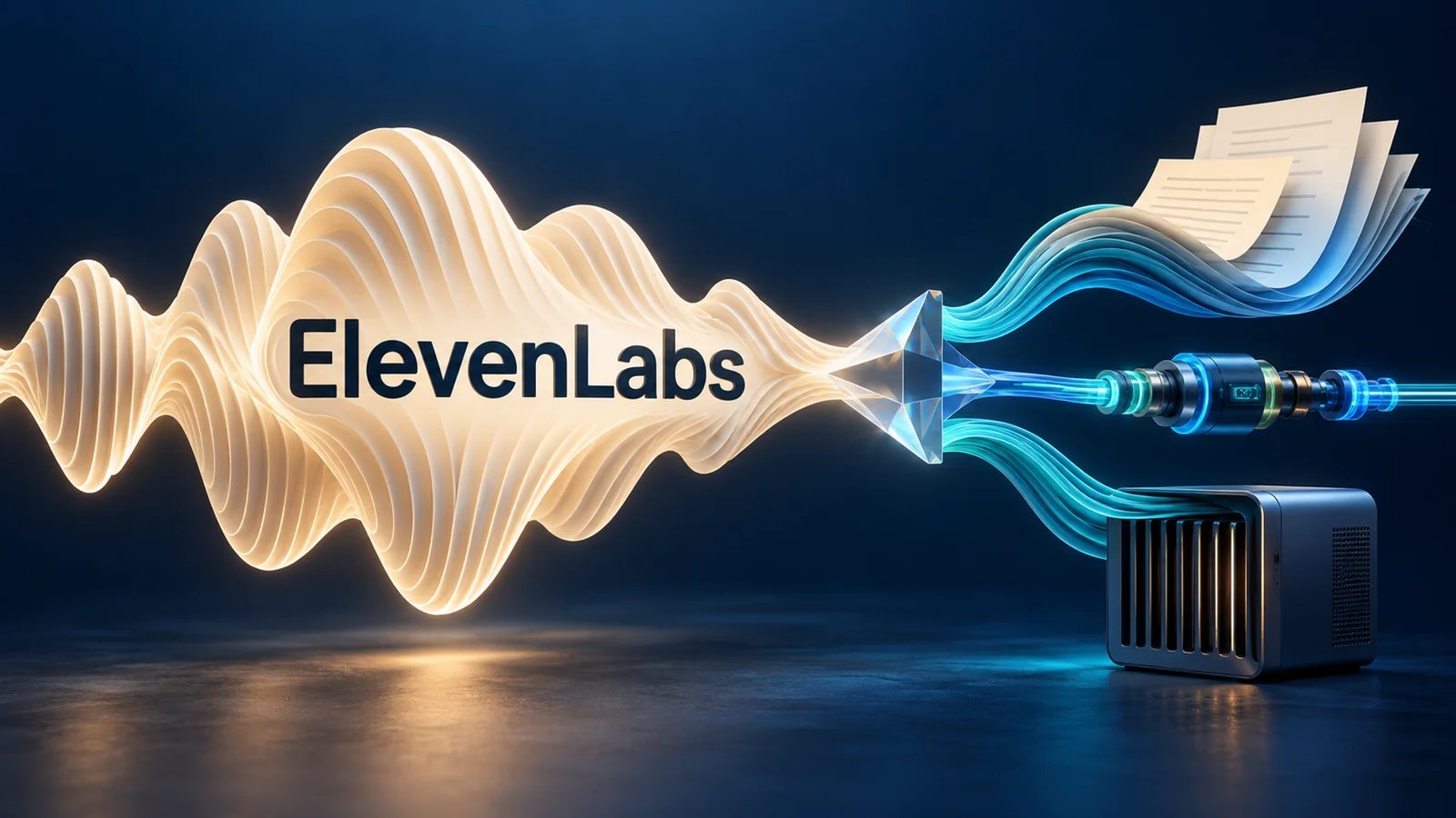 An ElevenLabs audio signal branching toward an editable script, an API connection and a local audio workstation