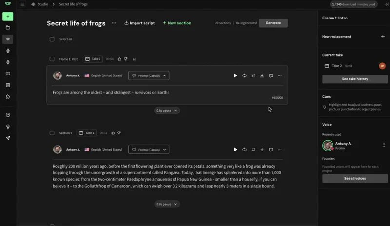 WellSaid's official Studio example showing script sections, takes and per-section download controls