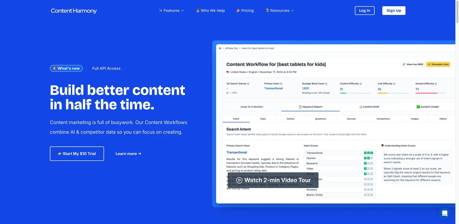 Content Harmony interface showing search intent analysis and content brief workflow