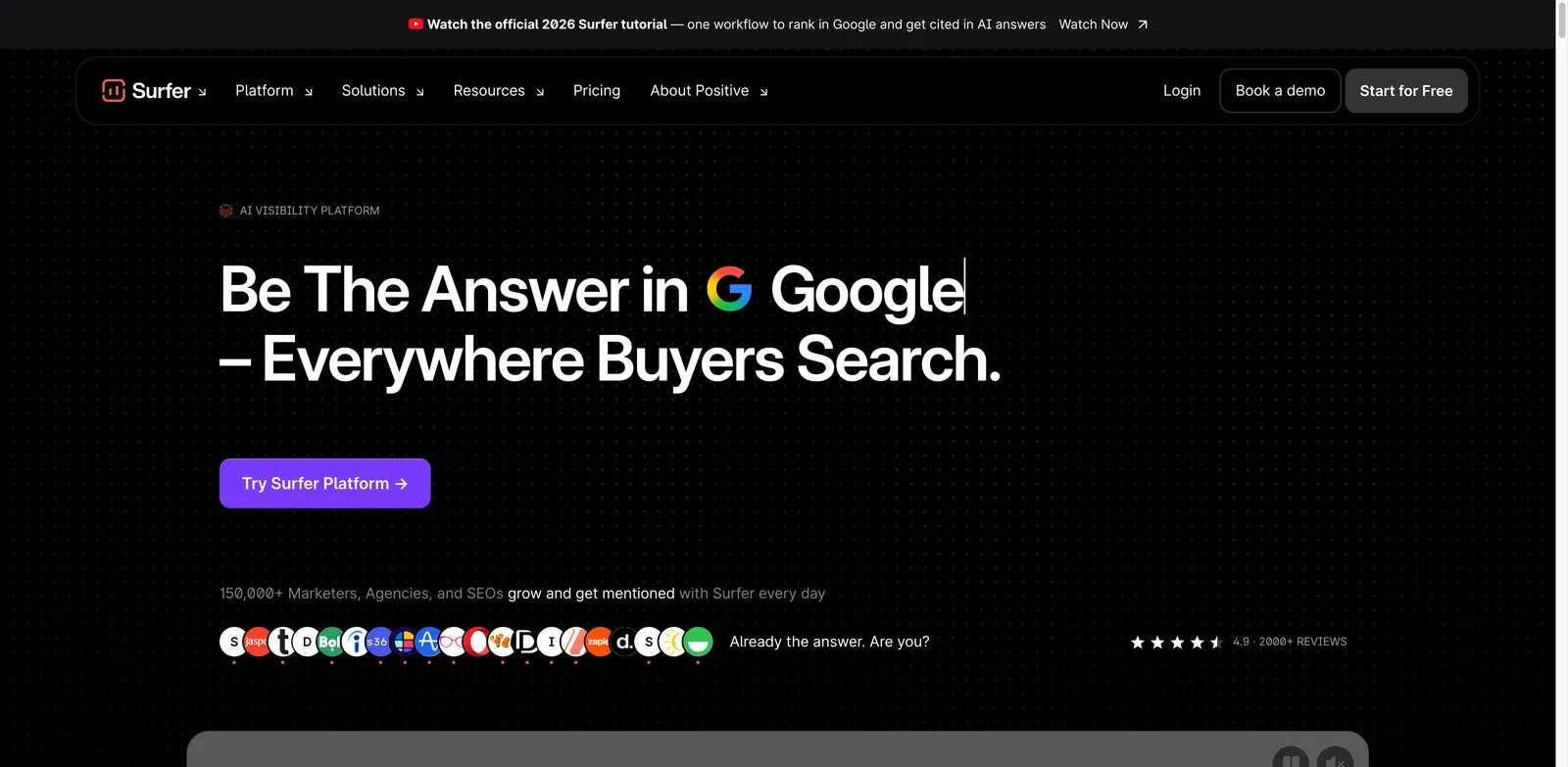 Surfer SEO interface showing a content editor, audit workflow, and AI visibility controls