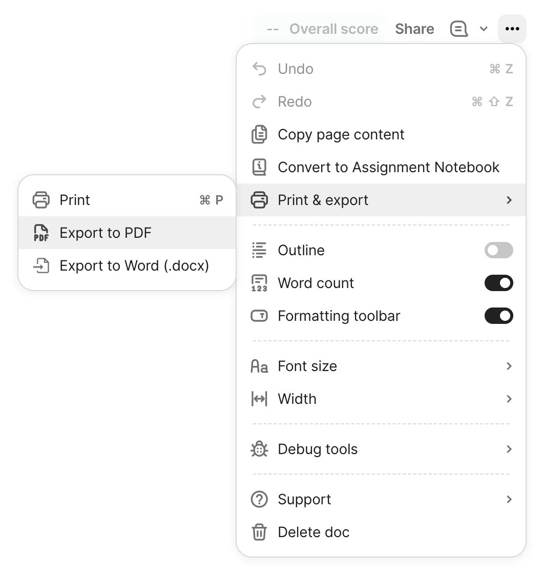 Grammarly's official export menu showing the document download choices
