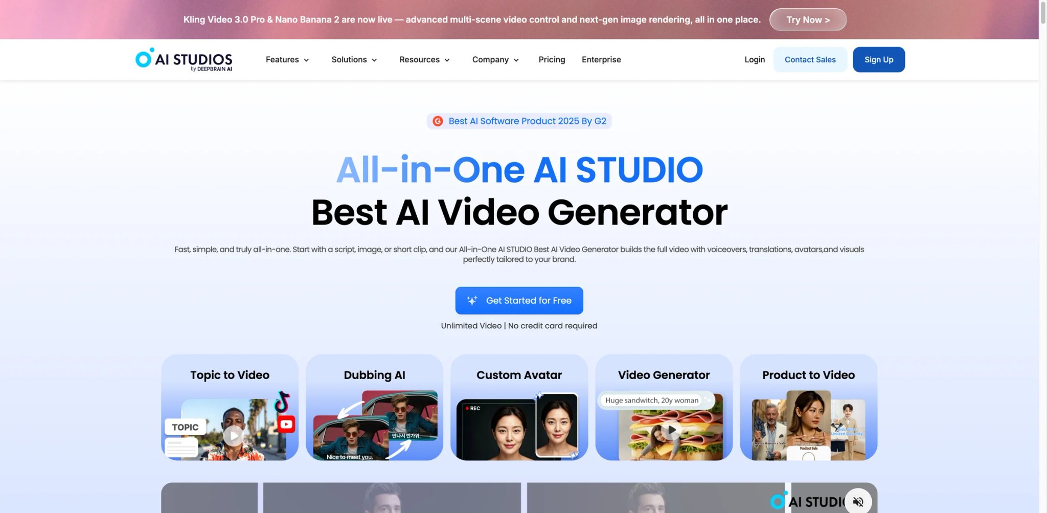 AI Studios interface showing presenter avatar with multilingual script editor and article-to-video conversion panel